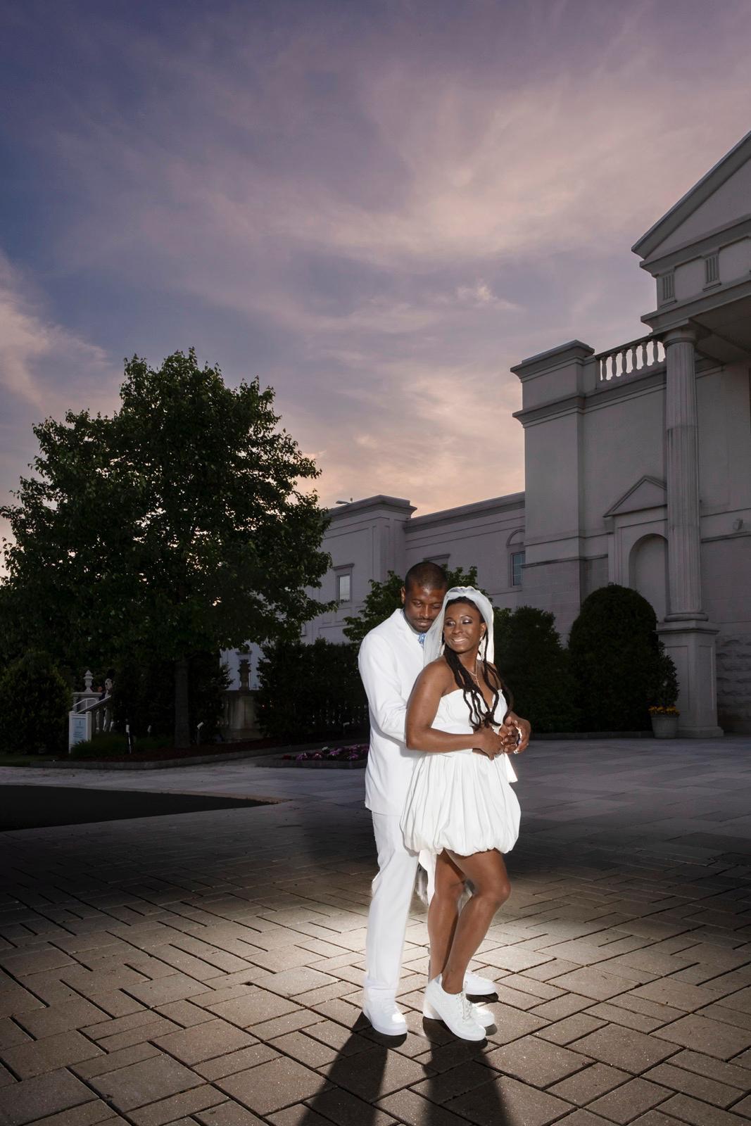 Kevin and Jasmine on their wedding day at dusk at The Palace in Somerset, New Jersey, May 2024.
